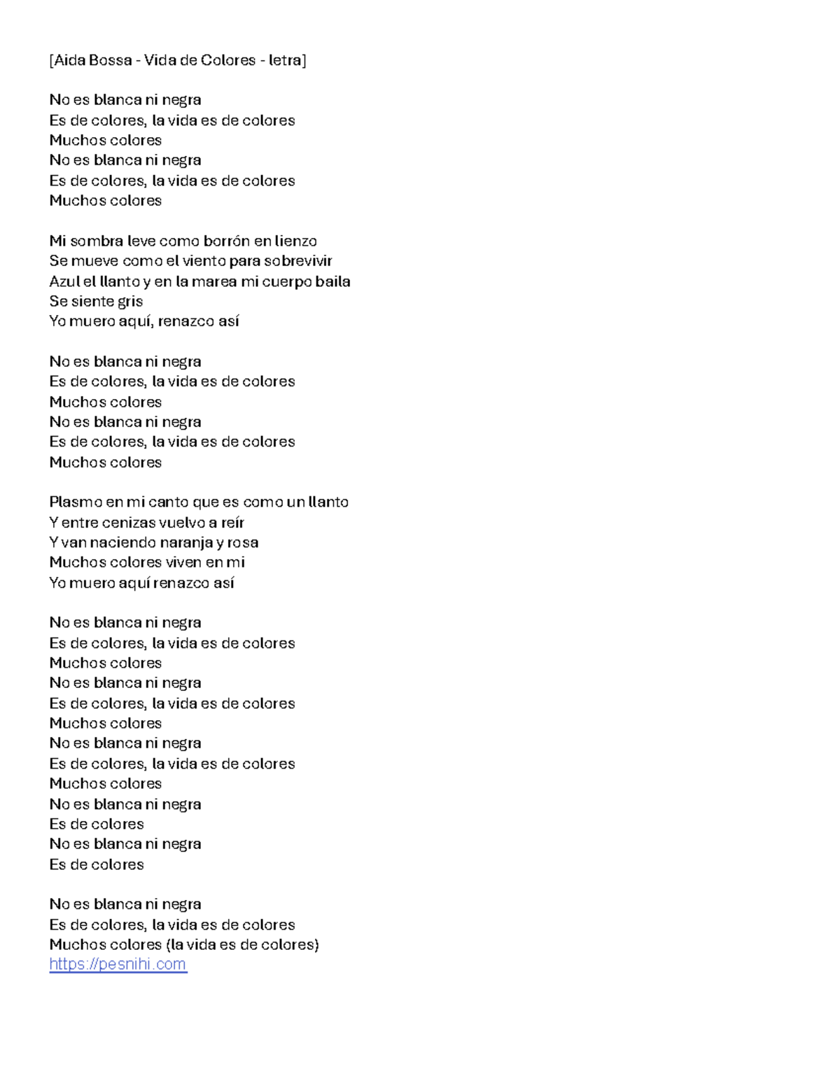 Aida Bossa - Vida de Colores: Letra y Análisis - Studocu