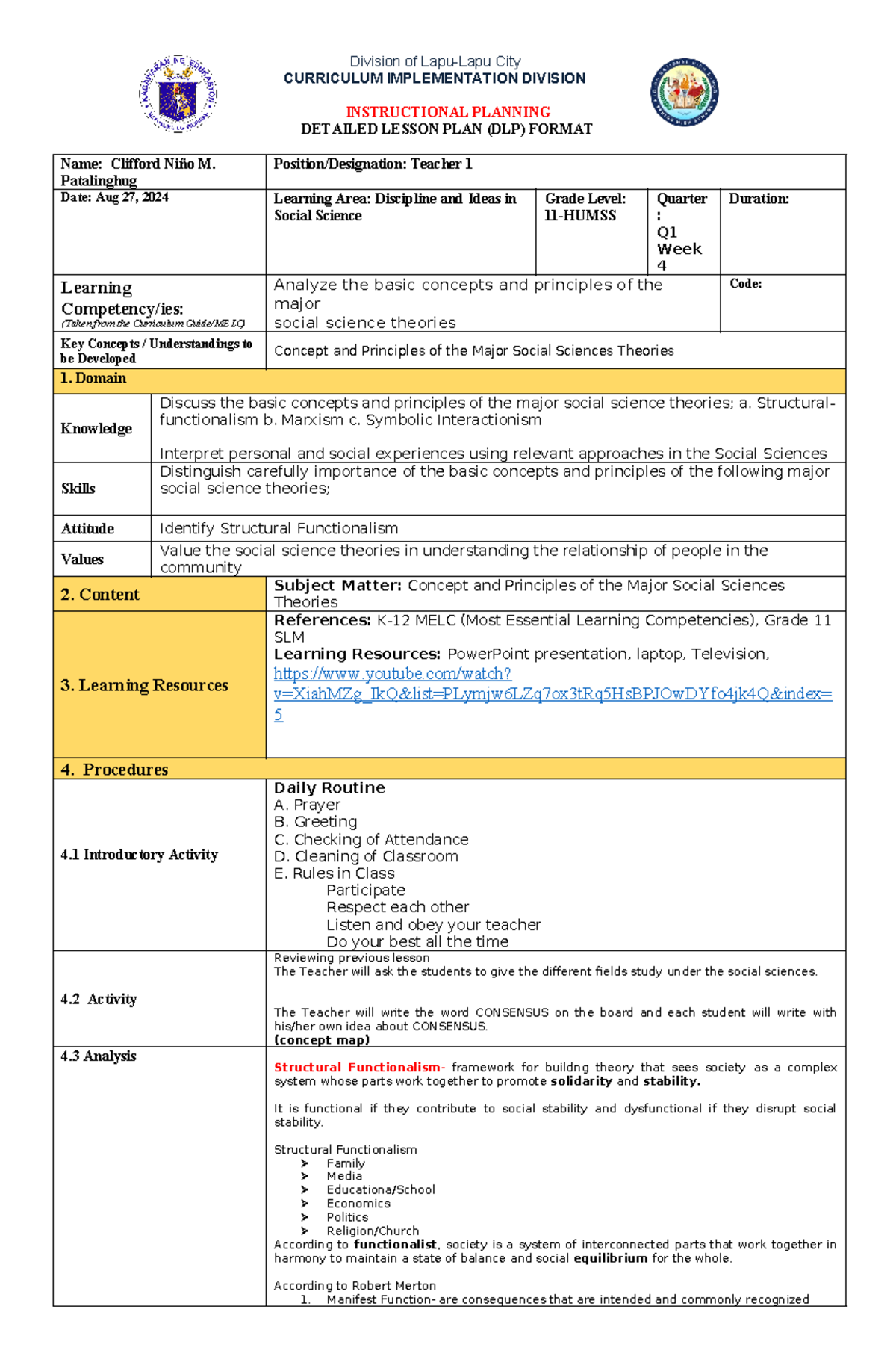 DISS 11-HUMSS Week 4 Lesson Plan: Major Social Science Theories - Studocu