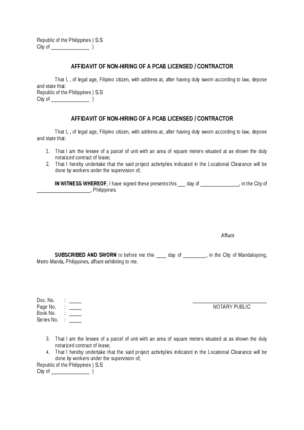 Affidavit of a PCAB Licensed Contractor in the Philippines - Studocu