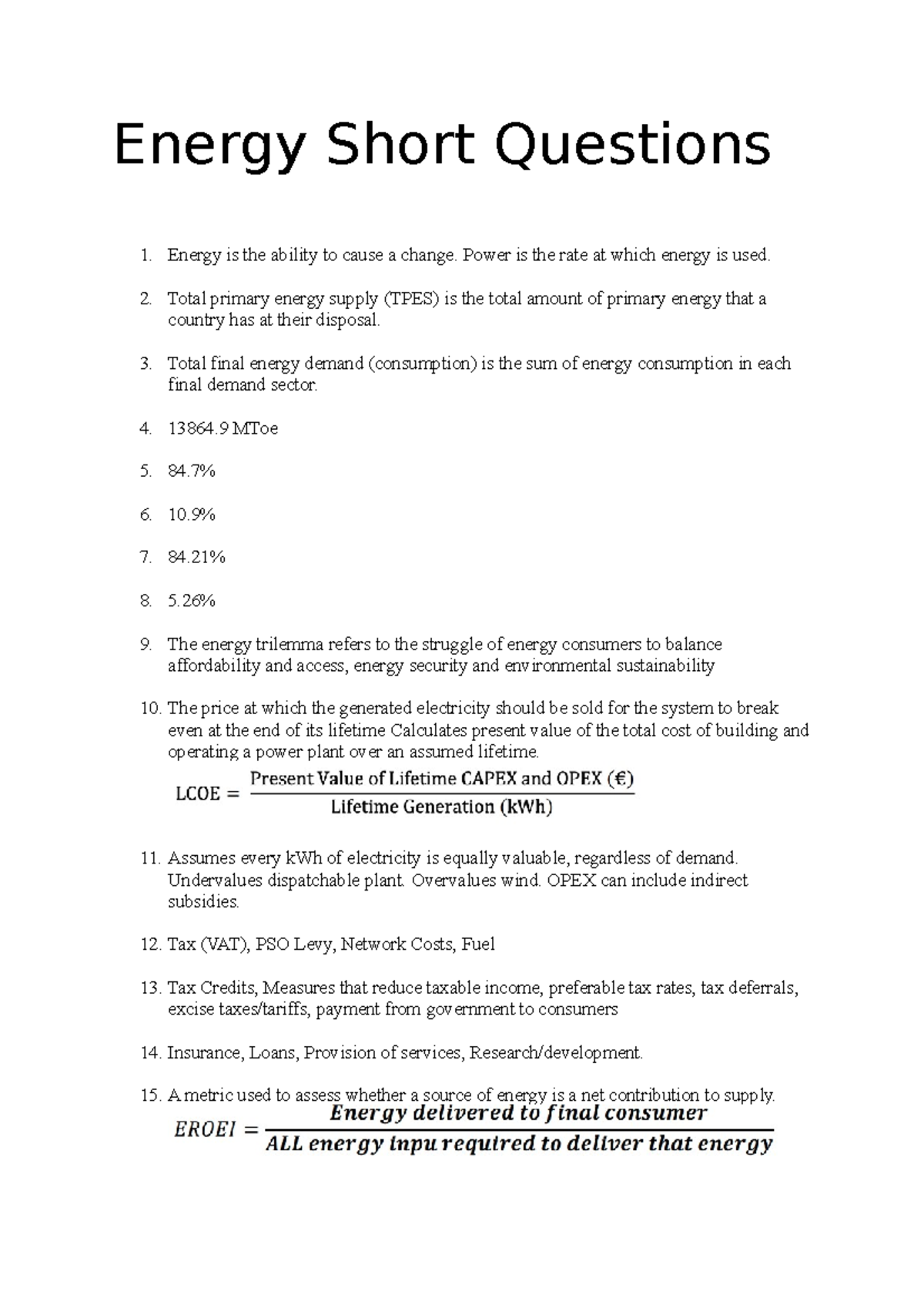 Energy Concepts: Short Questions for Course XYZ 101 - Studocu