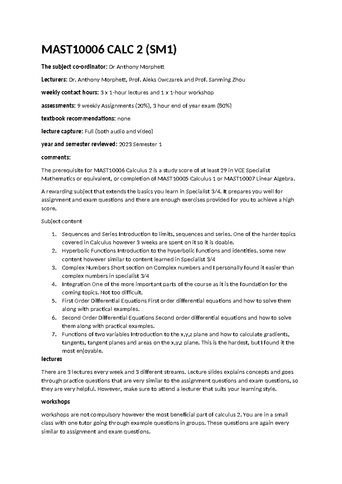 Calc 2 - notes on lecturer - MAST10006 CALC 2 (SM1) The subject co ...