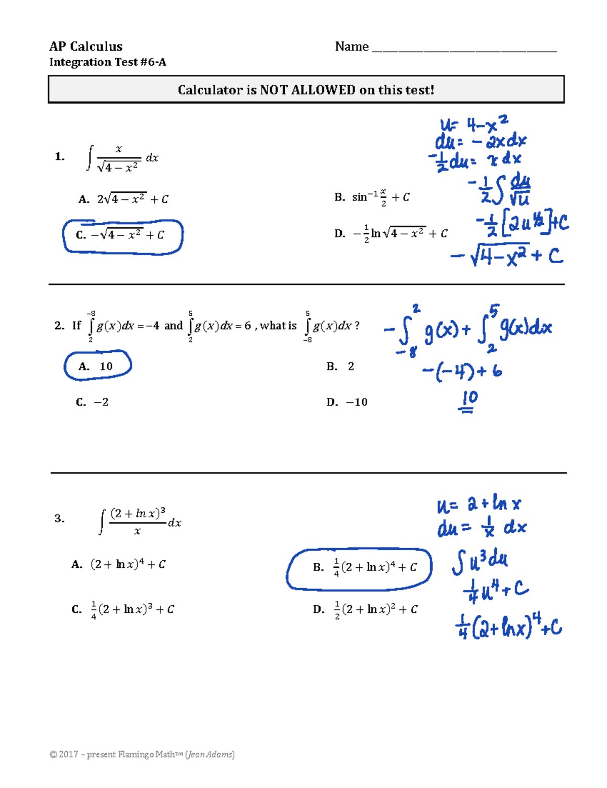AP Calculus Test 6A: Integration (No Calculator) Key - Studocu