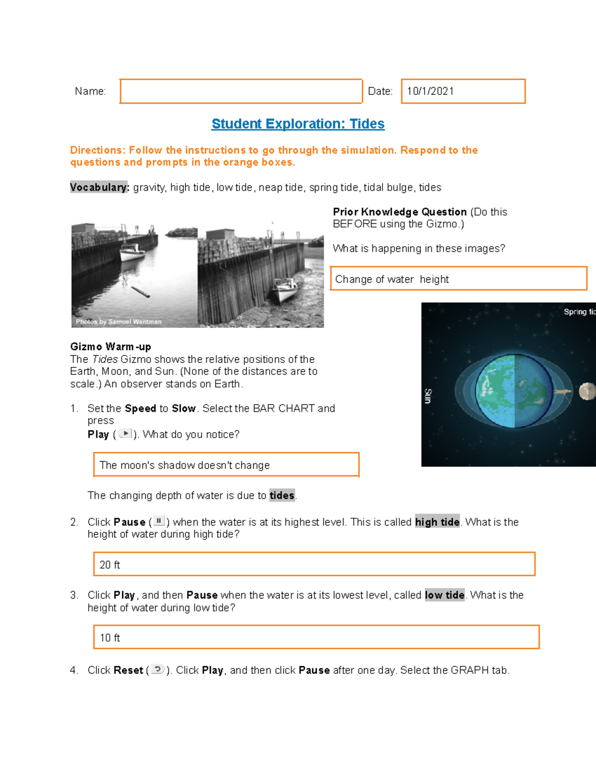 Tides Lab in Gizmo - Name: Date: 10/1/ Student Exploration: Tides ...