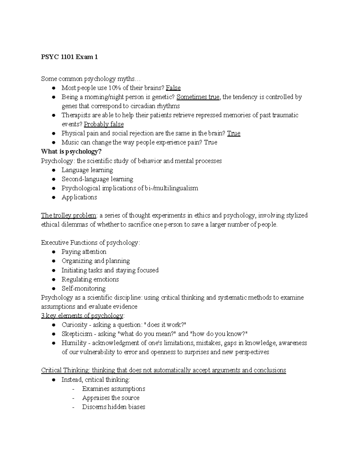 PSYC1101 Exam 1 Study Notes: Key Concepts and Myths in Psychology - Studocu