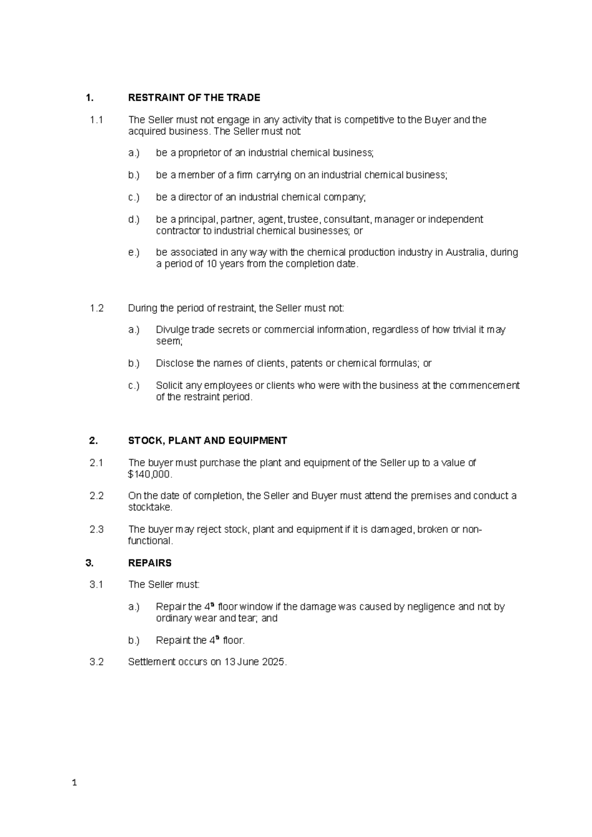 Task B: Drafting Assignment on Restraint of Trade and Equipment ...