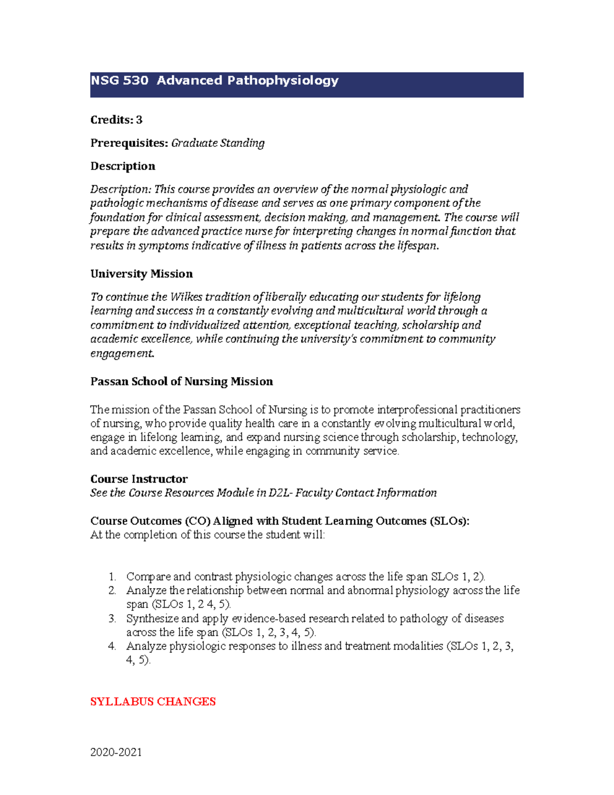 NSG 530 Syllabus 2020-2021 - NSG 530 Advanced Pathophysiology Credits ...