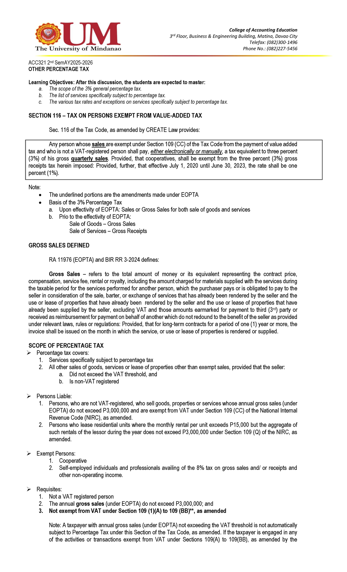 ACC321 2nd OTHER PERCENTAGE TAX Study Notes and Learning Objectives ...