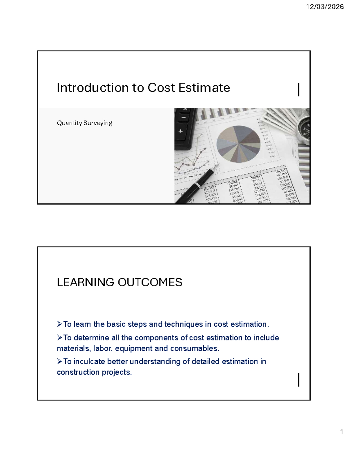 CM 1 - Introduction to Cost Estimation in Quantity Surveying - Studocu