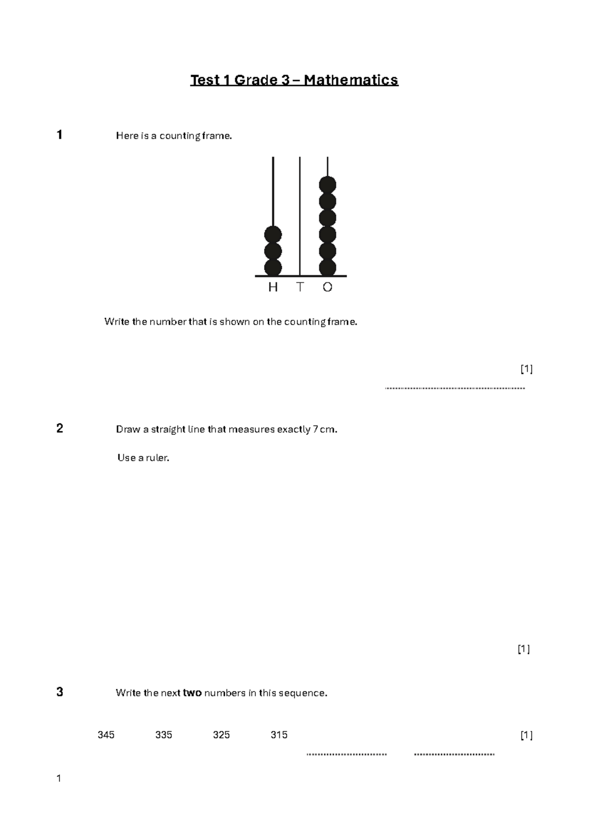 Test 1 Grade 3 Mathematics Practice Questions - Studocu