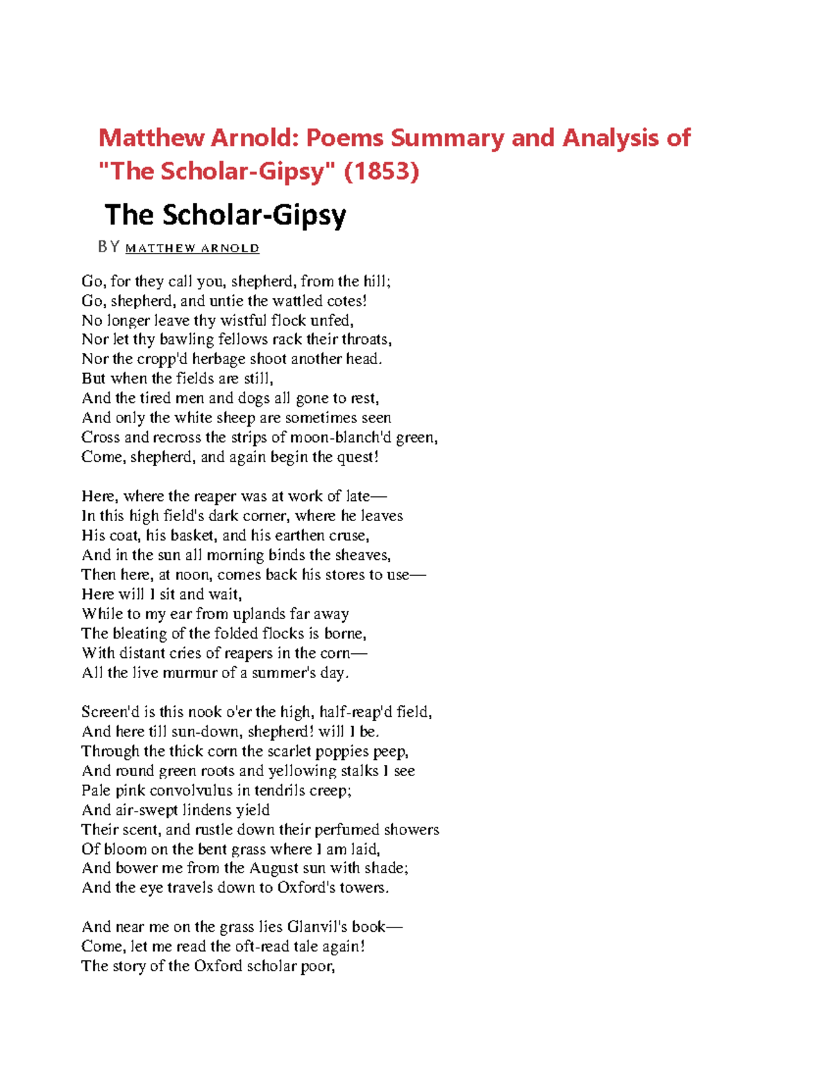 Matthew Arnold: Analysis and Summary of 