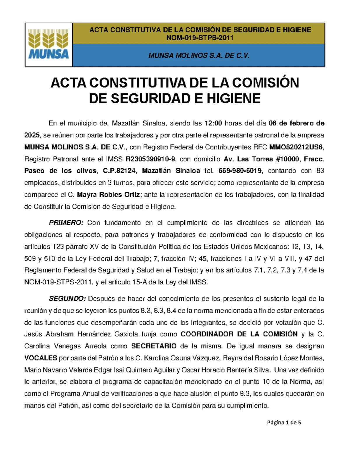 ACTA CONSTITUTIVA DE LA COMISIÓN DE SEGURIDAD E HIGIENE 2025 - Studocu