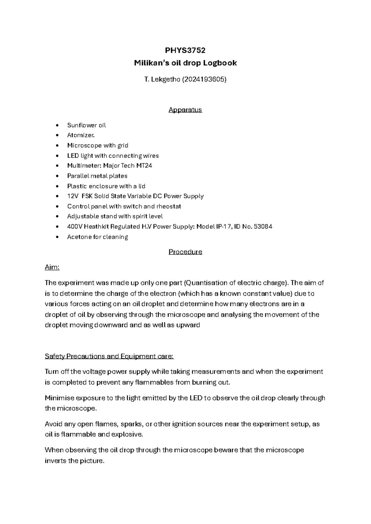 PHYS3752 Milikan Oil Drop Experiment Logbook - Studocu