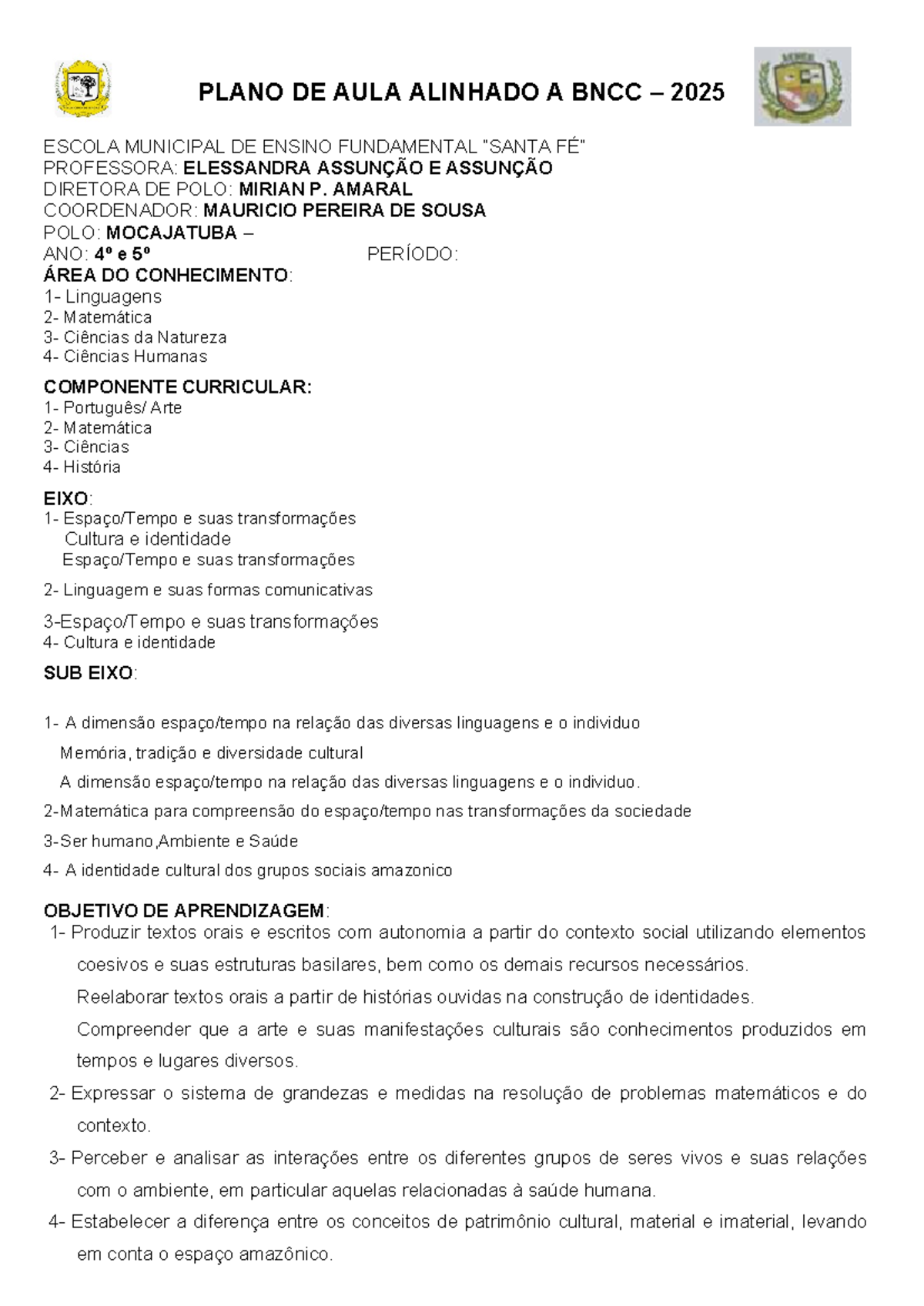 PLANO DE AULA ALINHADO A BNCC 2025 - 4º e 5º ANO - ELESSANDRA - Studocu