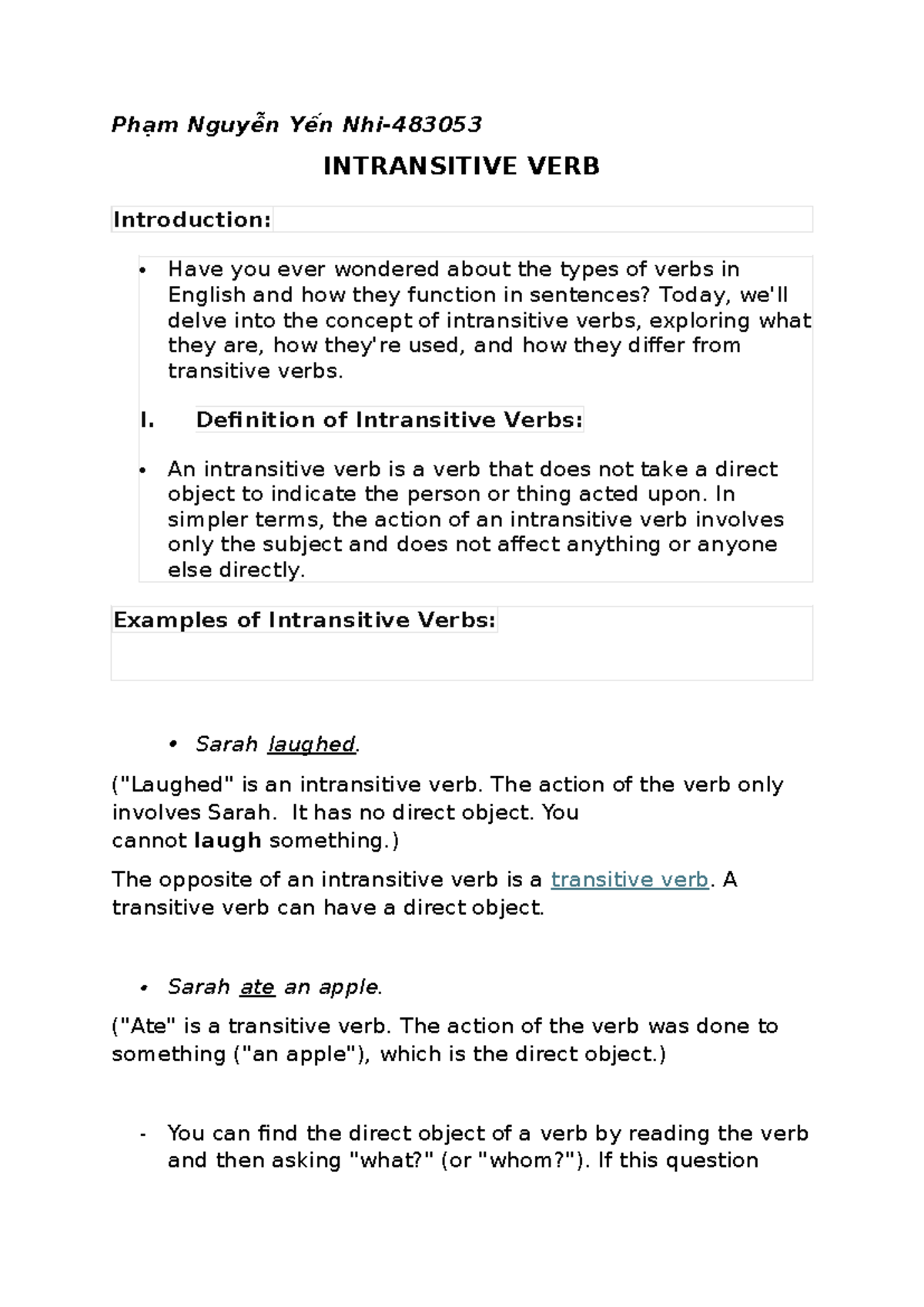 Intransitive V - hhh - Phạm Nguyễn Yến Nhi- INTRANSITIVE VERB ...