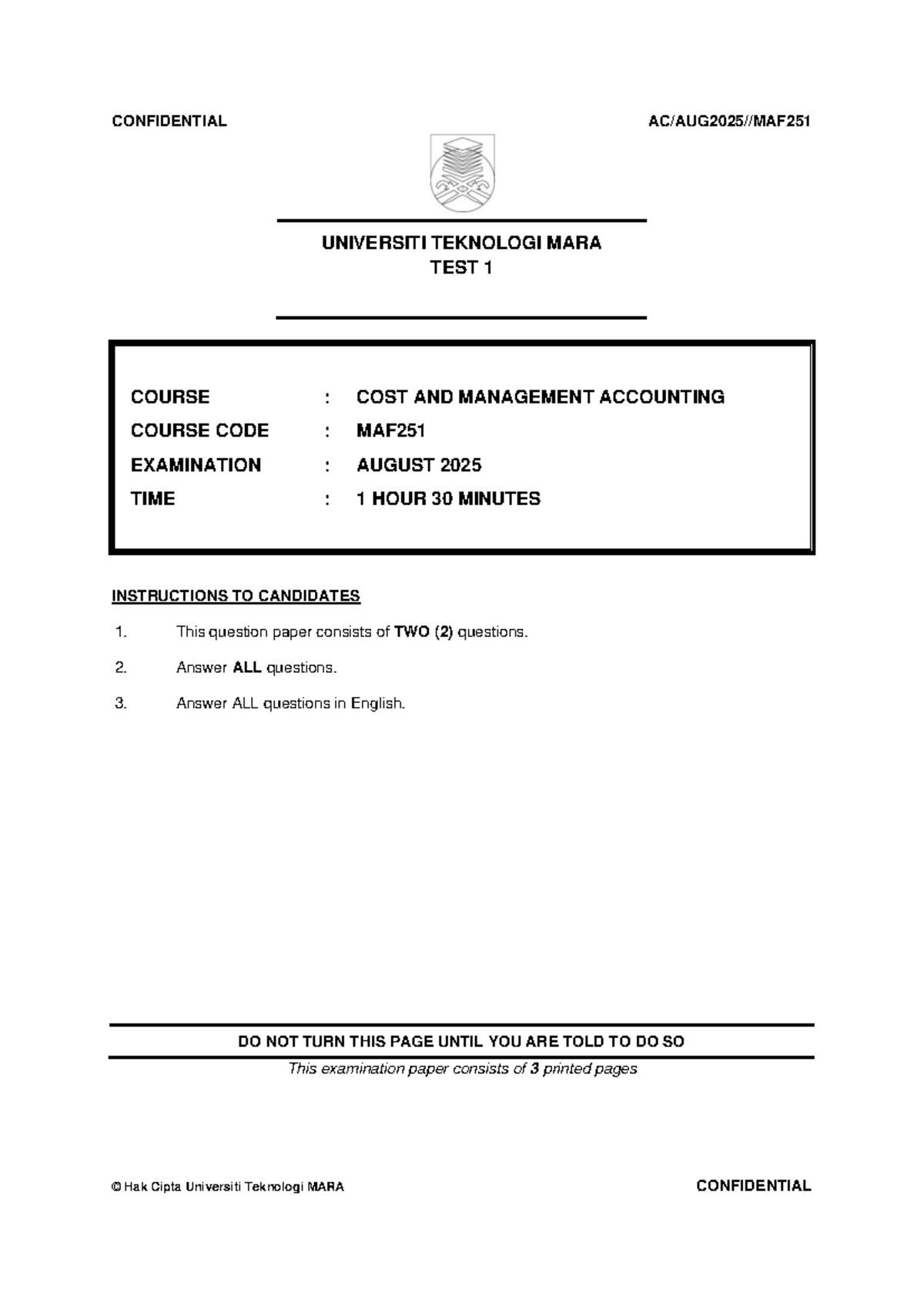 MAF251 August 2025 Test 1: Cost & Management Accounting Exam - Studocu