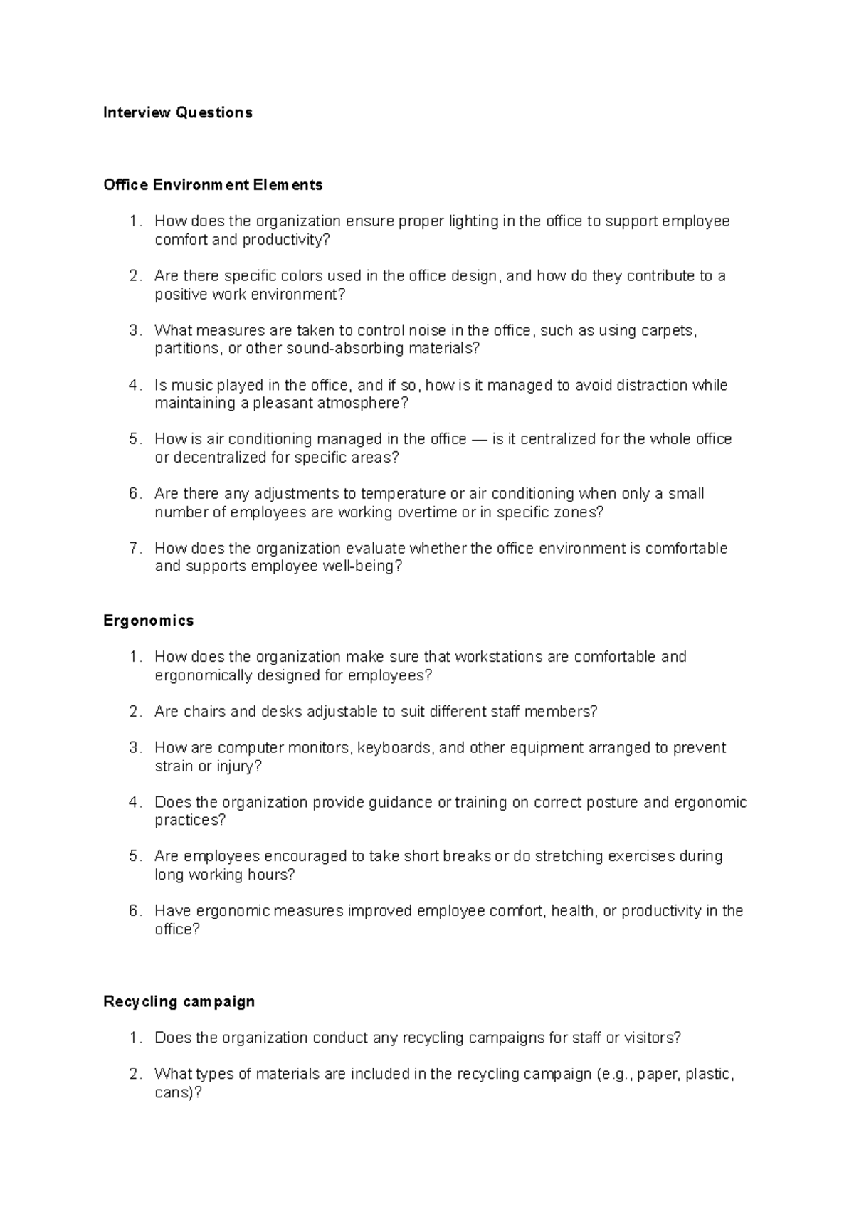 IV Interview Questions on Office Environment Elements - Studocu