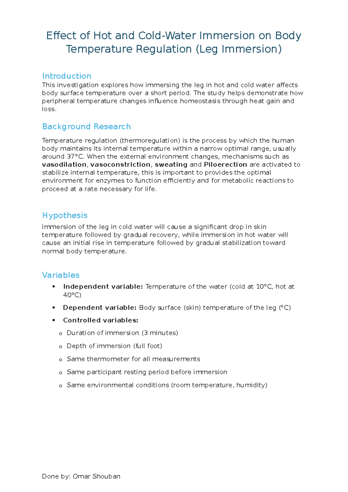 Effect of Hot and Cold Water on Body Temp Regulation (Lab Report) - Studocu