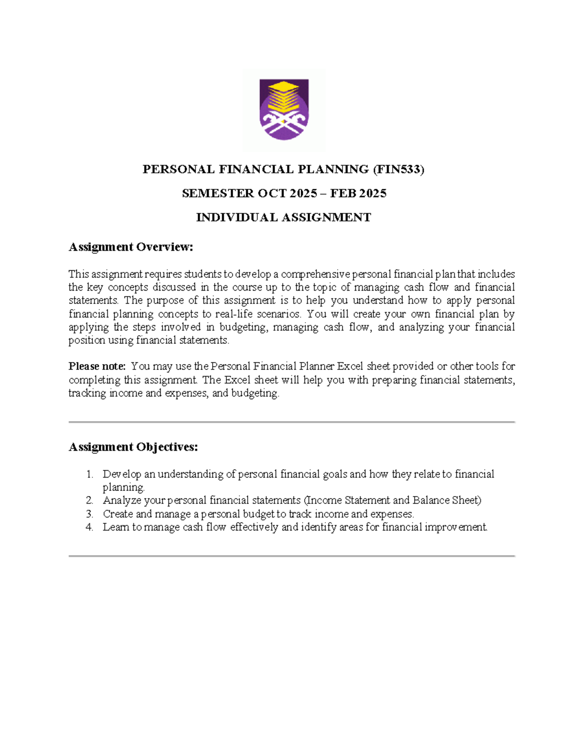 Personal Financial Planning Assignment (FIN533) - Oct 2025 - Studocu