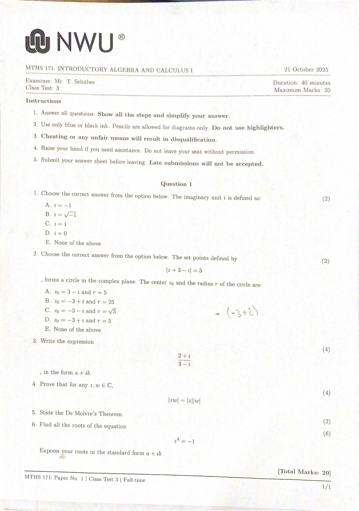 NWU MTHS 171: CLASS TEST 3 STUDY UNIT 5 - ALGEBRA & CALCULUS I - Studocu
