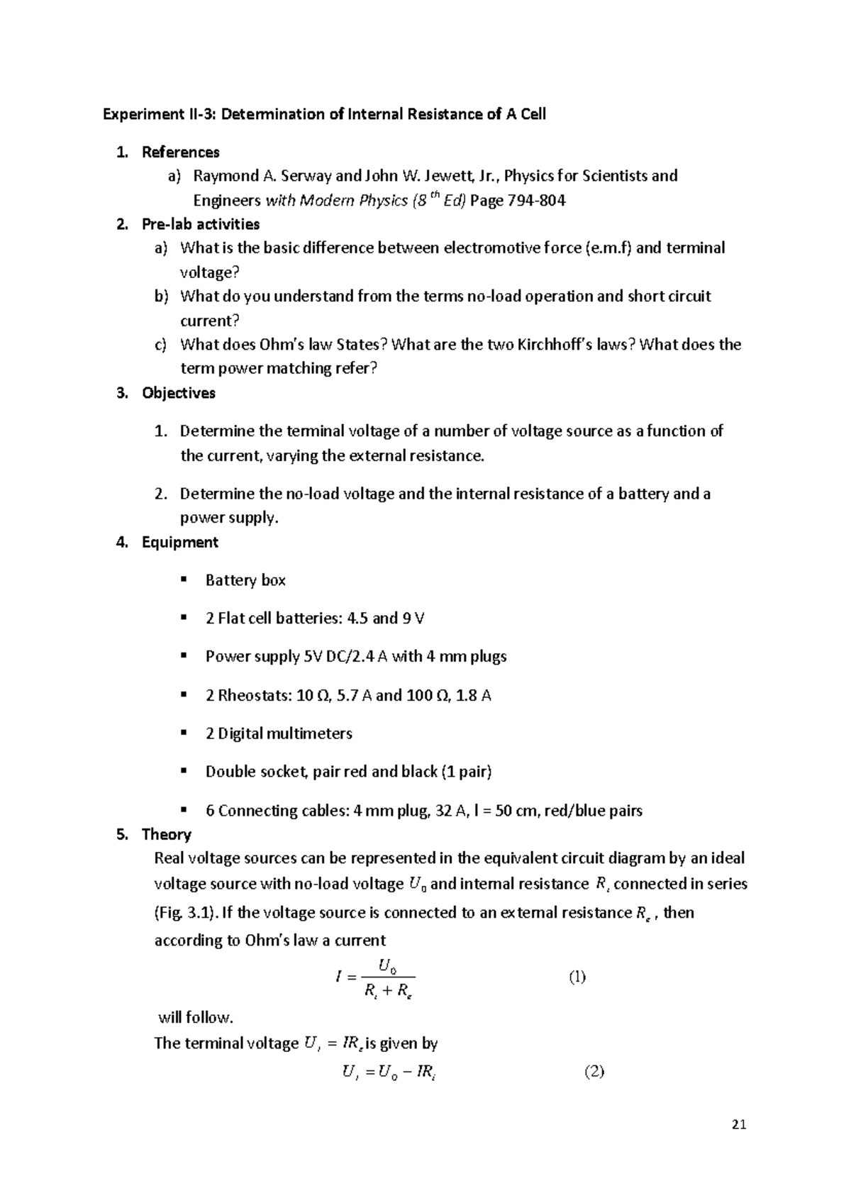 Internal Resitance And Kirchhoffs Laws - Experiment II-3: Determination ...