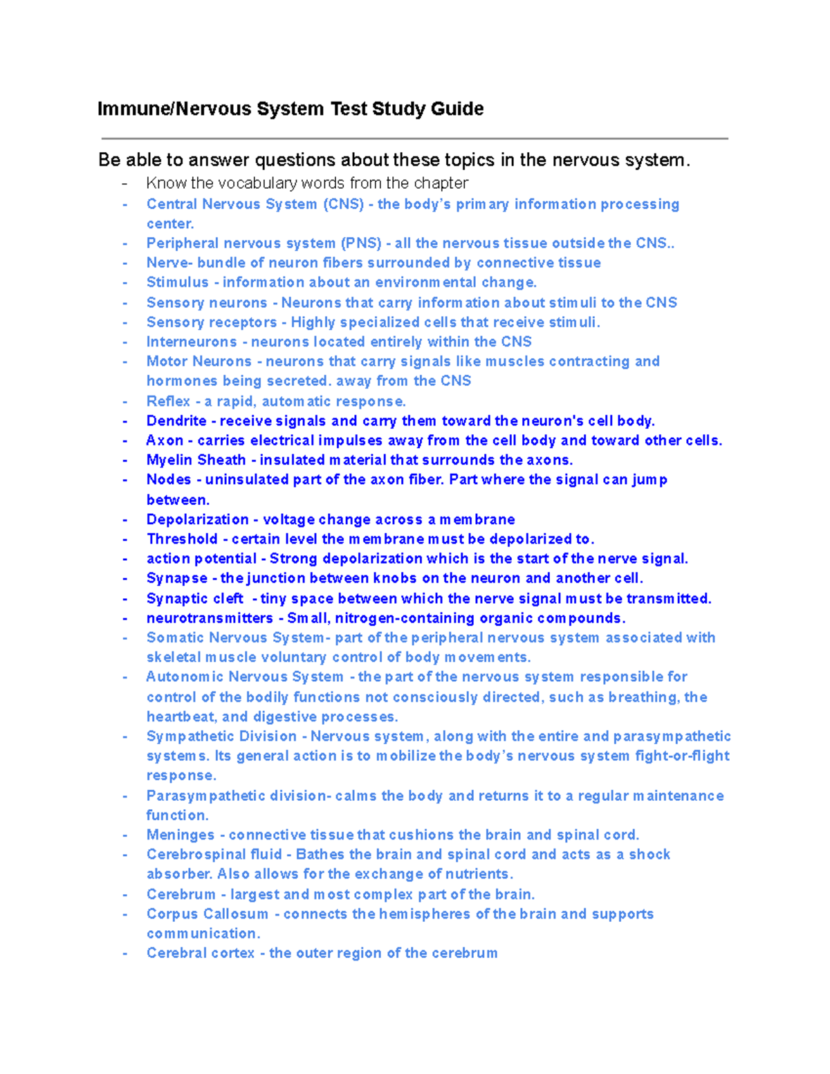 Immune/Nervous System Test Study Guide - Studocu