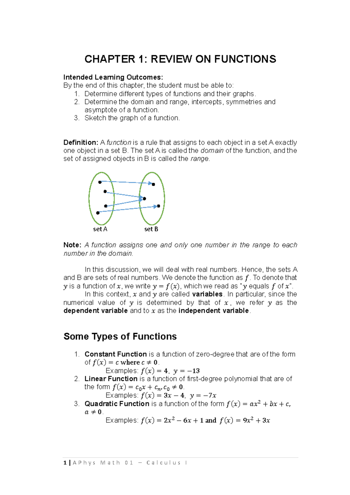 CHAPTER 1: REVIEW ON FUNCTIONS - MATH 01 Calculus I - Studocu