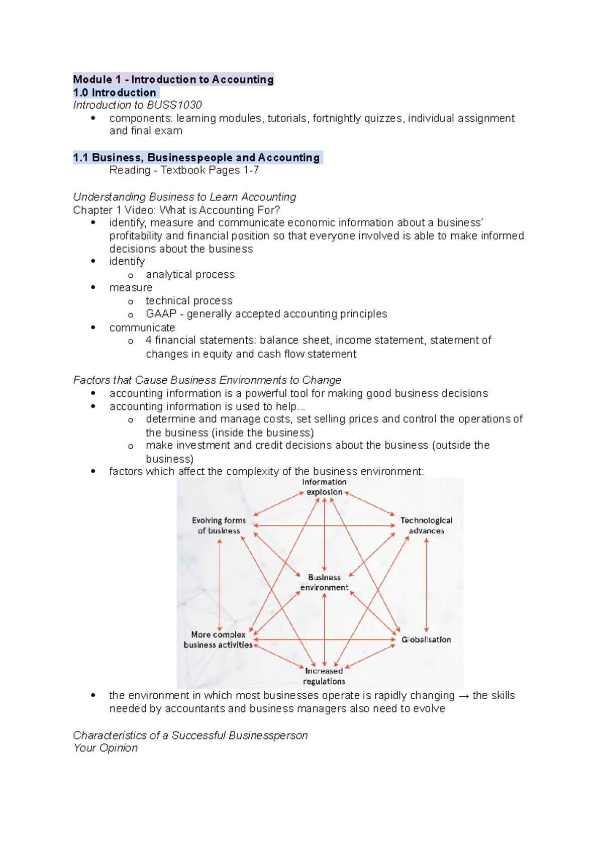 BUSS1030 Module 1: Intro to Accounting and Business Concepts - Studocu