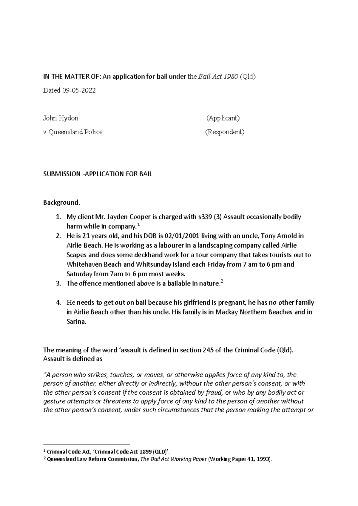 Bail Application Submission: Jayden Cooper v QLD Police - Case Review ...