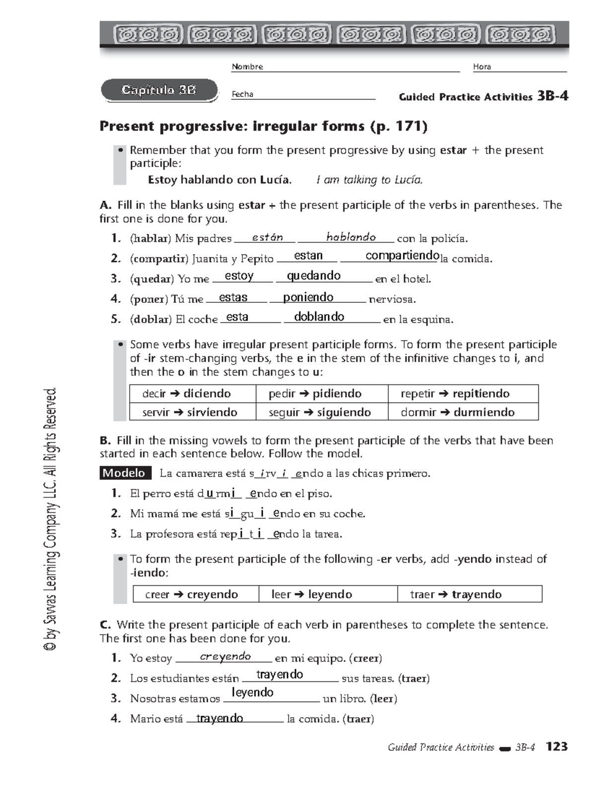 Present Progressive Practice: Irregular Forms (GP Activities 3B-4 ...