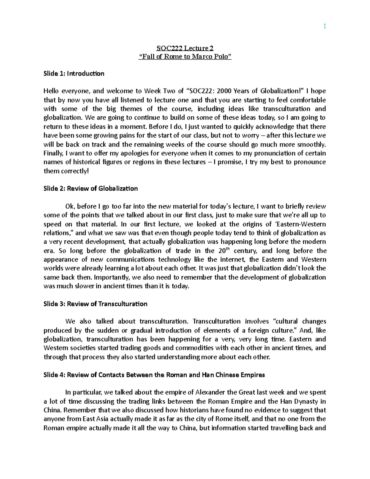 SOC 222 Lecture 2 Notes (Fall of Rome to Marco Polo, Winter 2022 ...