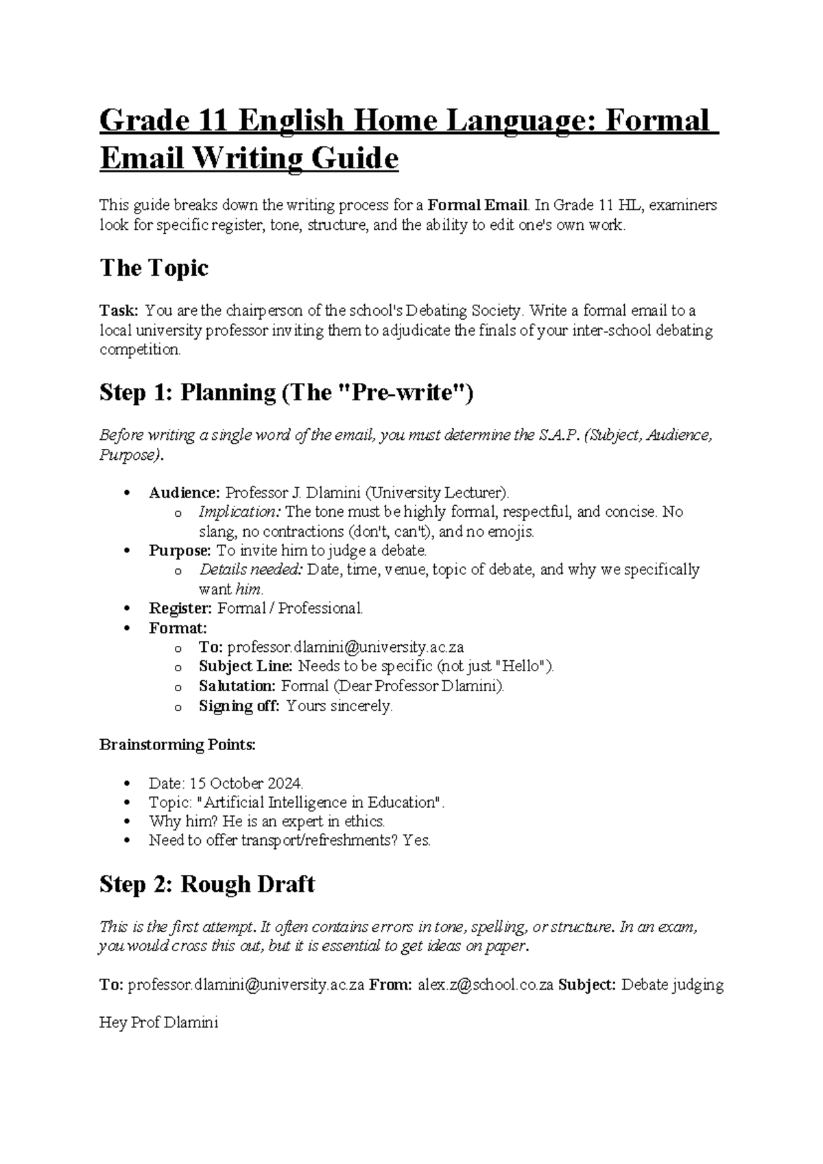 Grade 11 English HL: Formal Email Writing Guide & Exemplar - Studocu