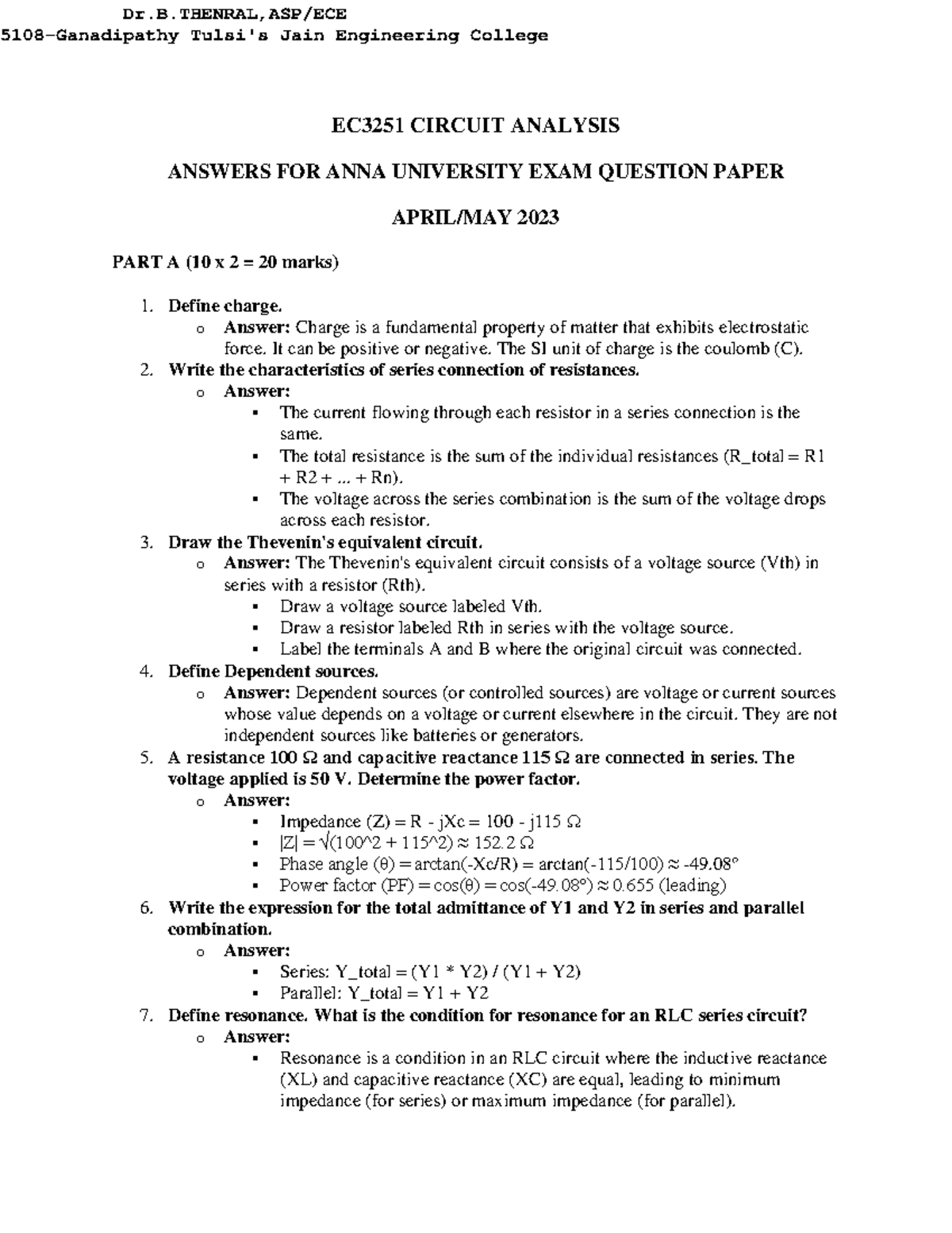 EC3251 Circuit Analysis April/May 2023 Solved QP Answers - Studocu