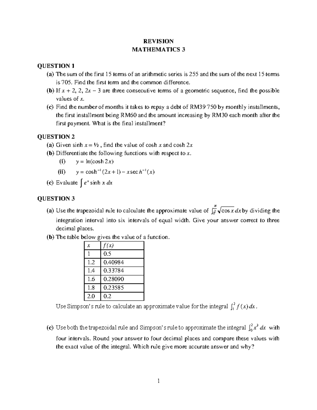 Revision Mathematics 3: Set 1 Questions and Solutions - Studocu