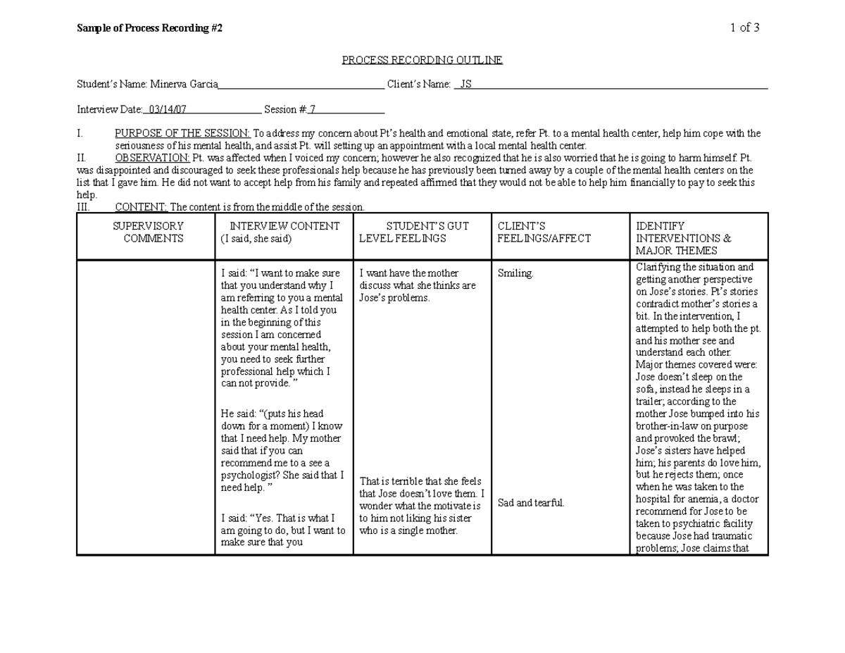 Process Recording Example #2 - Client Case Analysis - Studocu