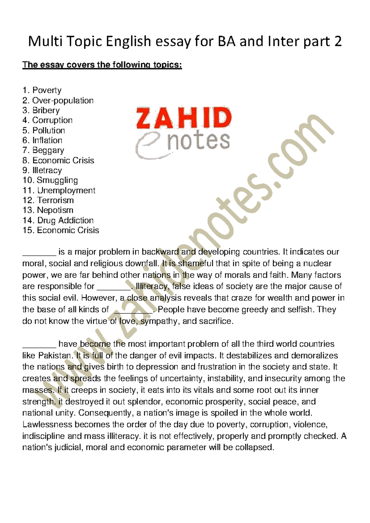 Multi-Topic English Essay for BA & Inter Part 2: Key Issues Explored ...