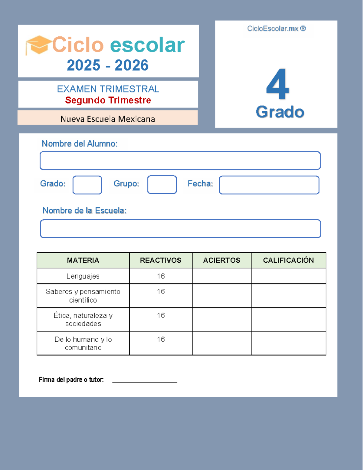 Examen Segundo Trimestre 4to Grado 2025-2026 - Document Preview