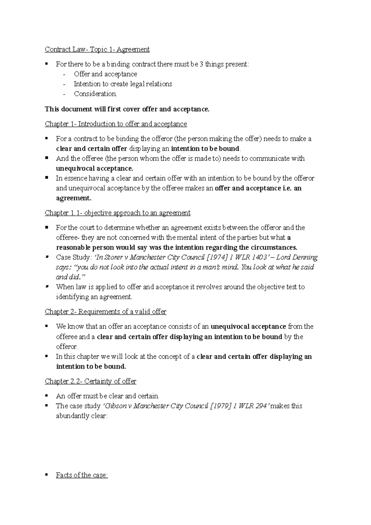 Topic 1- Agreement - Summary of workbook notes - Contract Law- Topic 1 ...