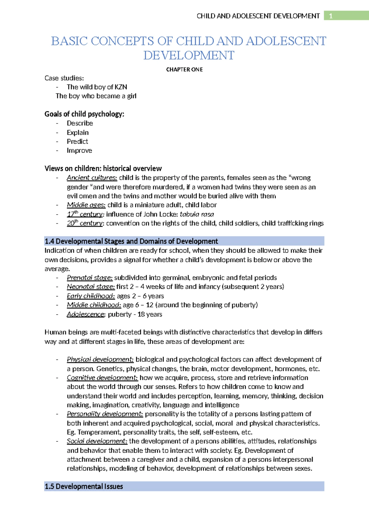 Child and Adolescent Development - Chapter 1 Skeleton Notes - Studocu