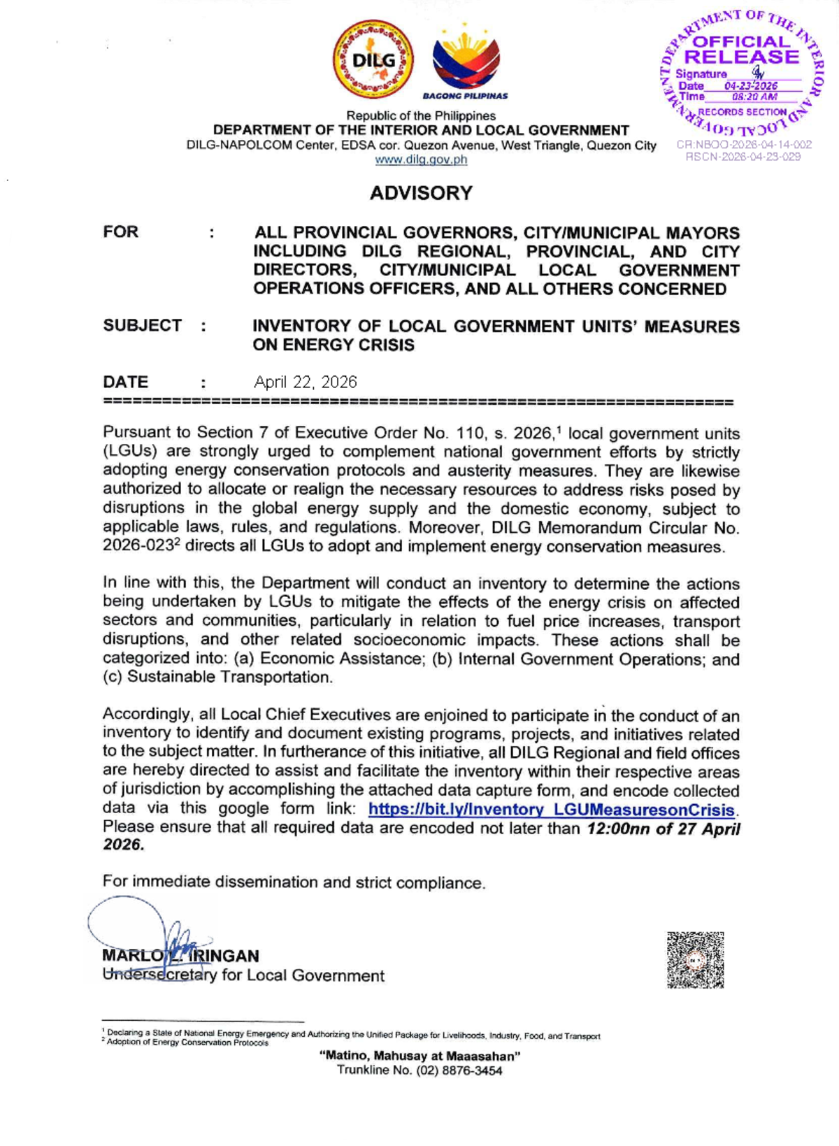 LGU Measures on Energy Crisis: Inventory Report (April 2026) - Studocu