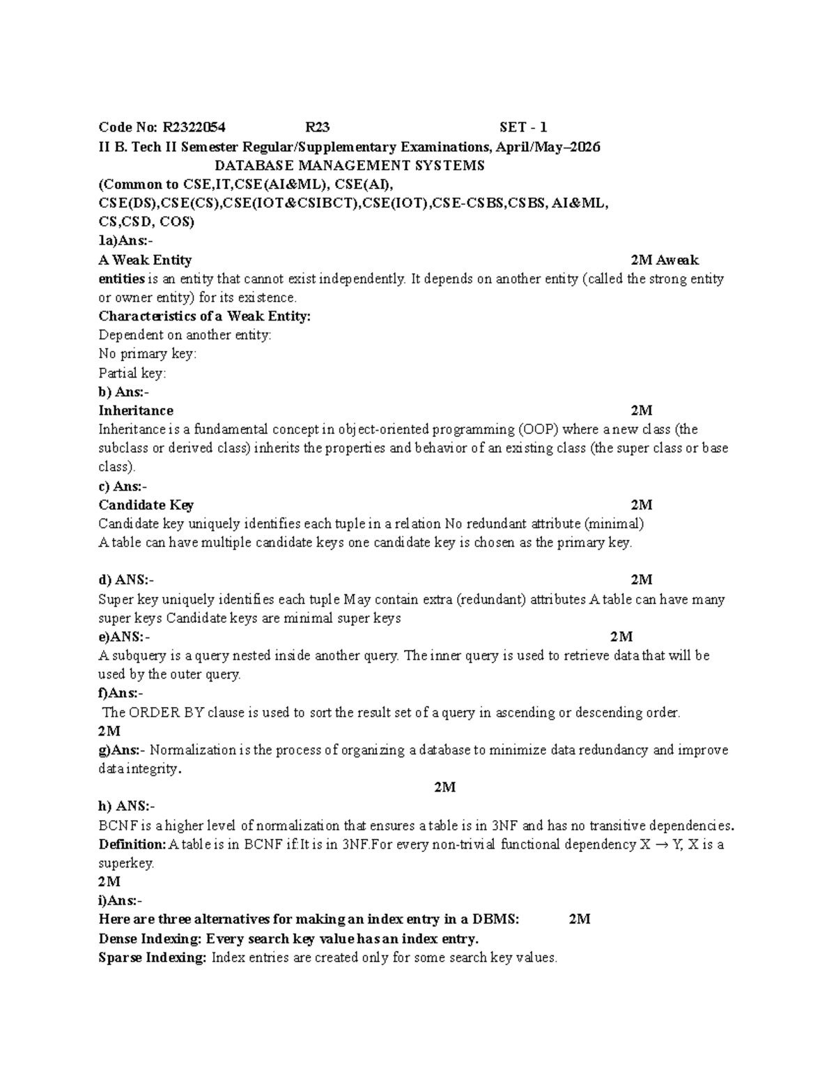 Title: R23 II B. Tech DBMS Exam Notes: Weak Entities, Keys ...