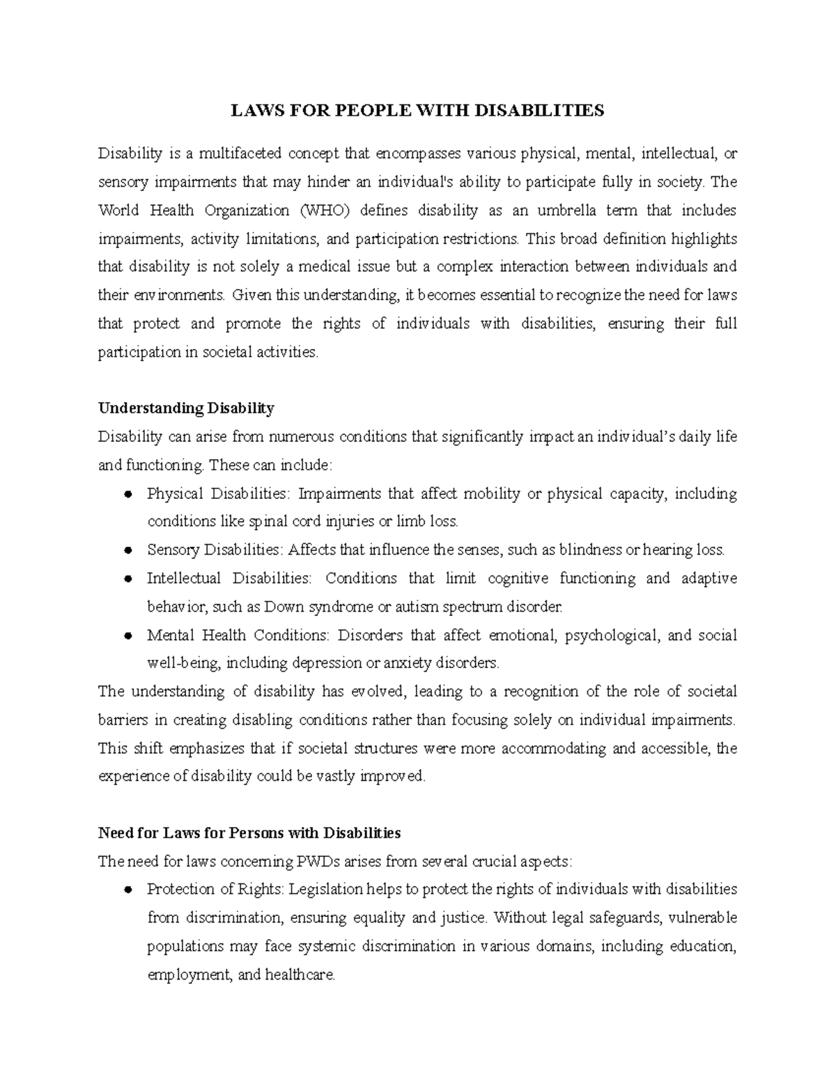 Laws for Persons with Disabilities: Ensuring Rights and Inclusion - Studocu