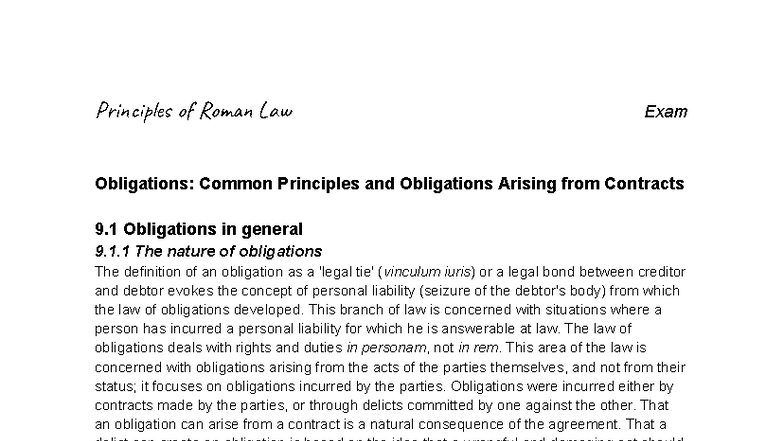 Principles of Roman Law: Obligations and Contracts Overview (LAW 101 ...