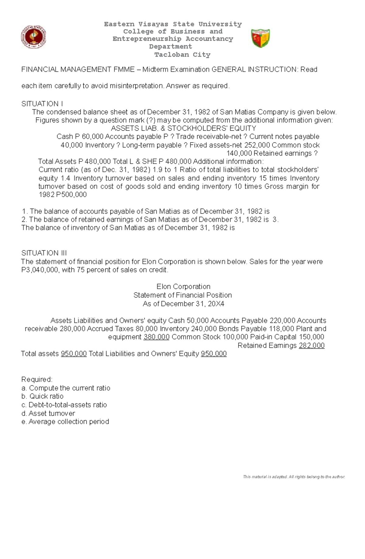 FM - ME Midterm Exam Part 2: Financial Management Analysis - Studocu