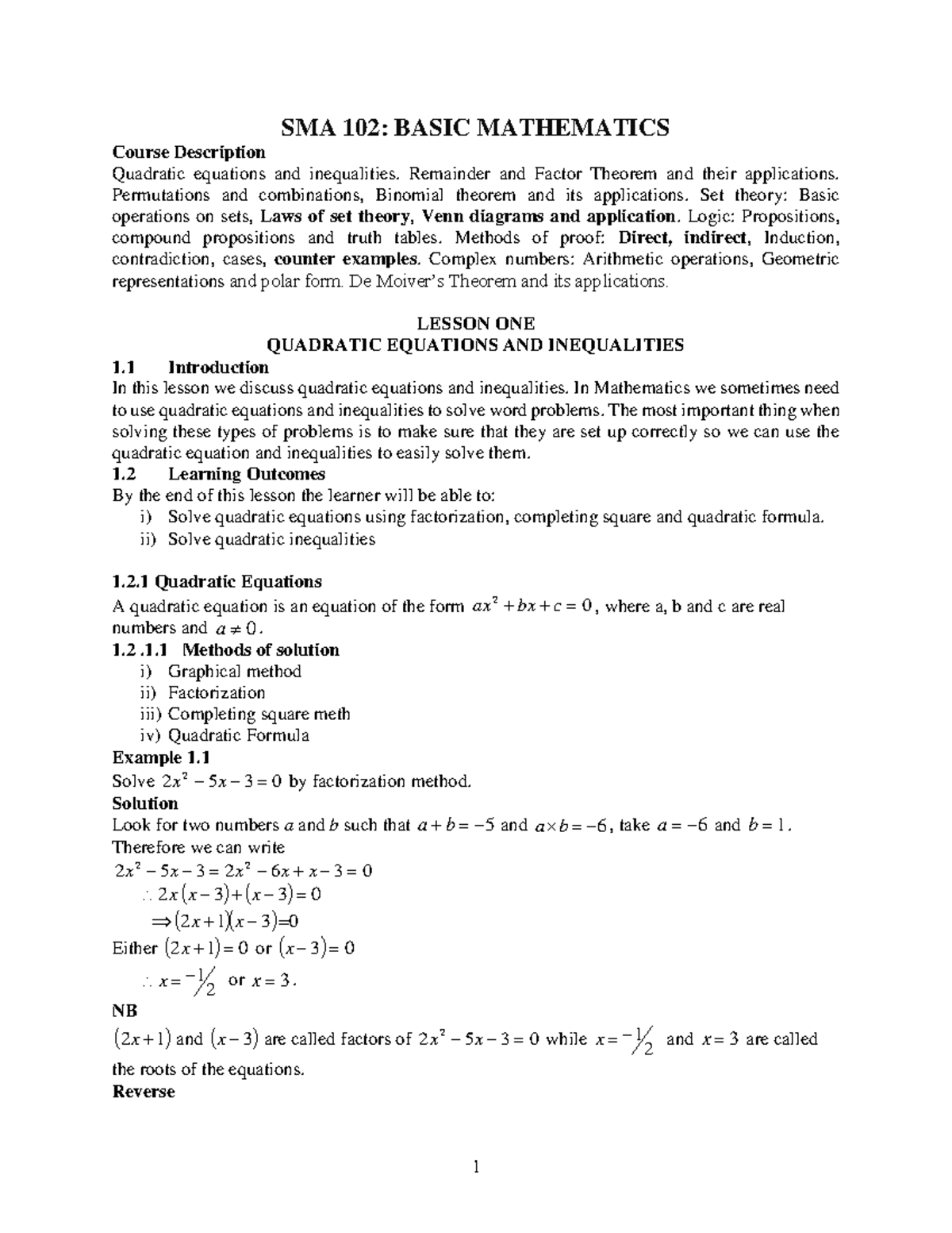 SMA 102: Comprehensive Notes on Basic Mathematics Concepts - Studocu