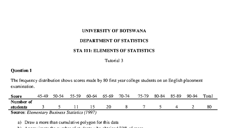 STA 101: Elements of Statistics Tutorial 3 - Frequency Distribution ...