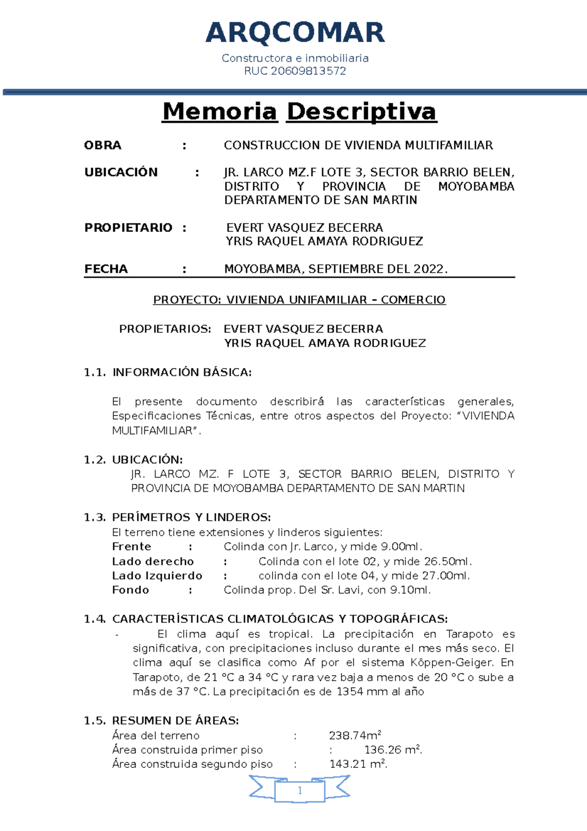 Memoria Descriptiva del Proyecto de Vivienda Unifamiliar en Moyobamba ...