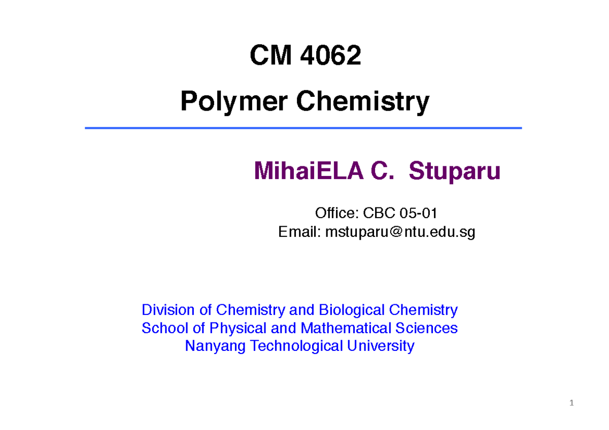 CM4062 Polymer Chemistry: Chapter 5 - Polymerization Methods - Studocu