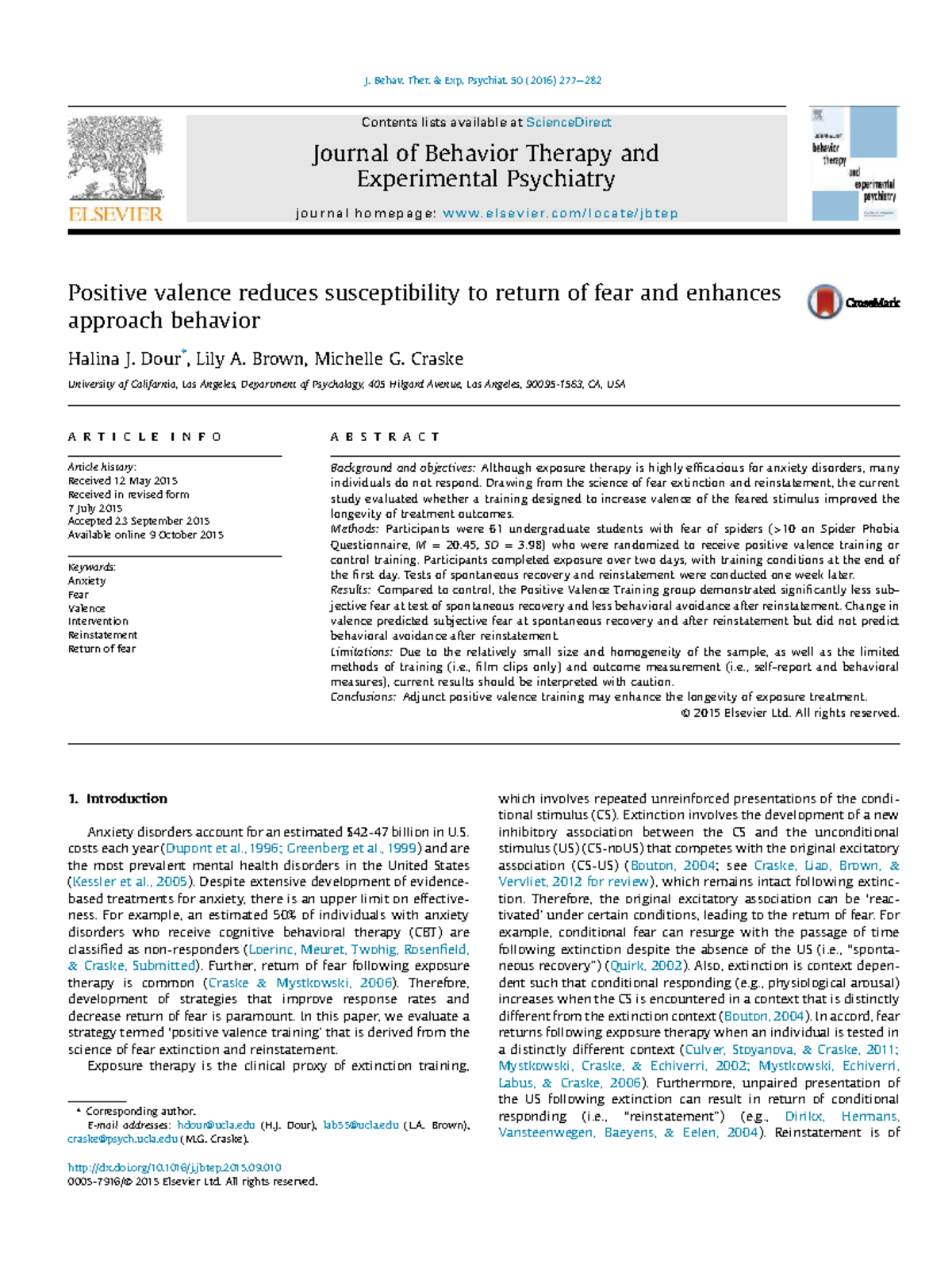 Positive Valence Training in Exposure Therapy for Spider Fear (PSY 101 ...