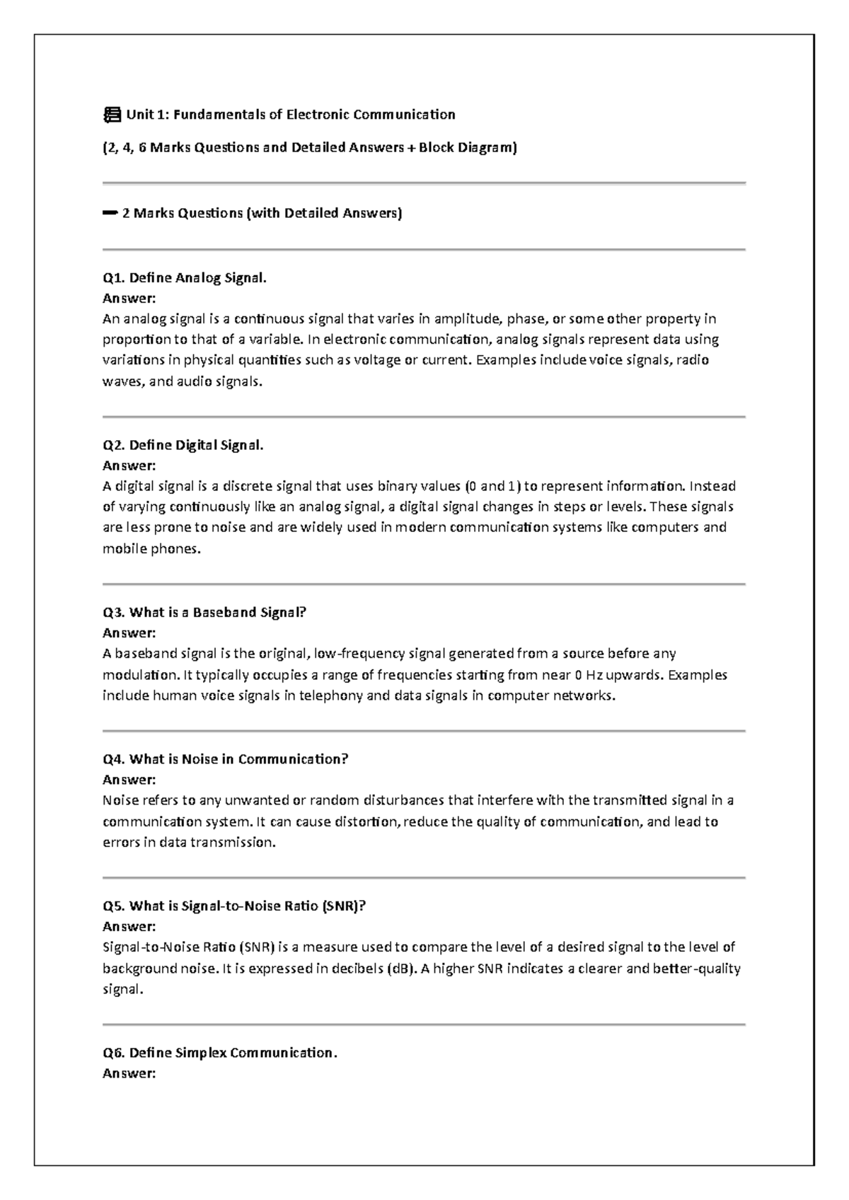 Unit 1: Fundamentals of Electronic Communication (2, 4, 6 Marks Qs ...