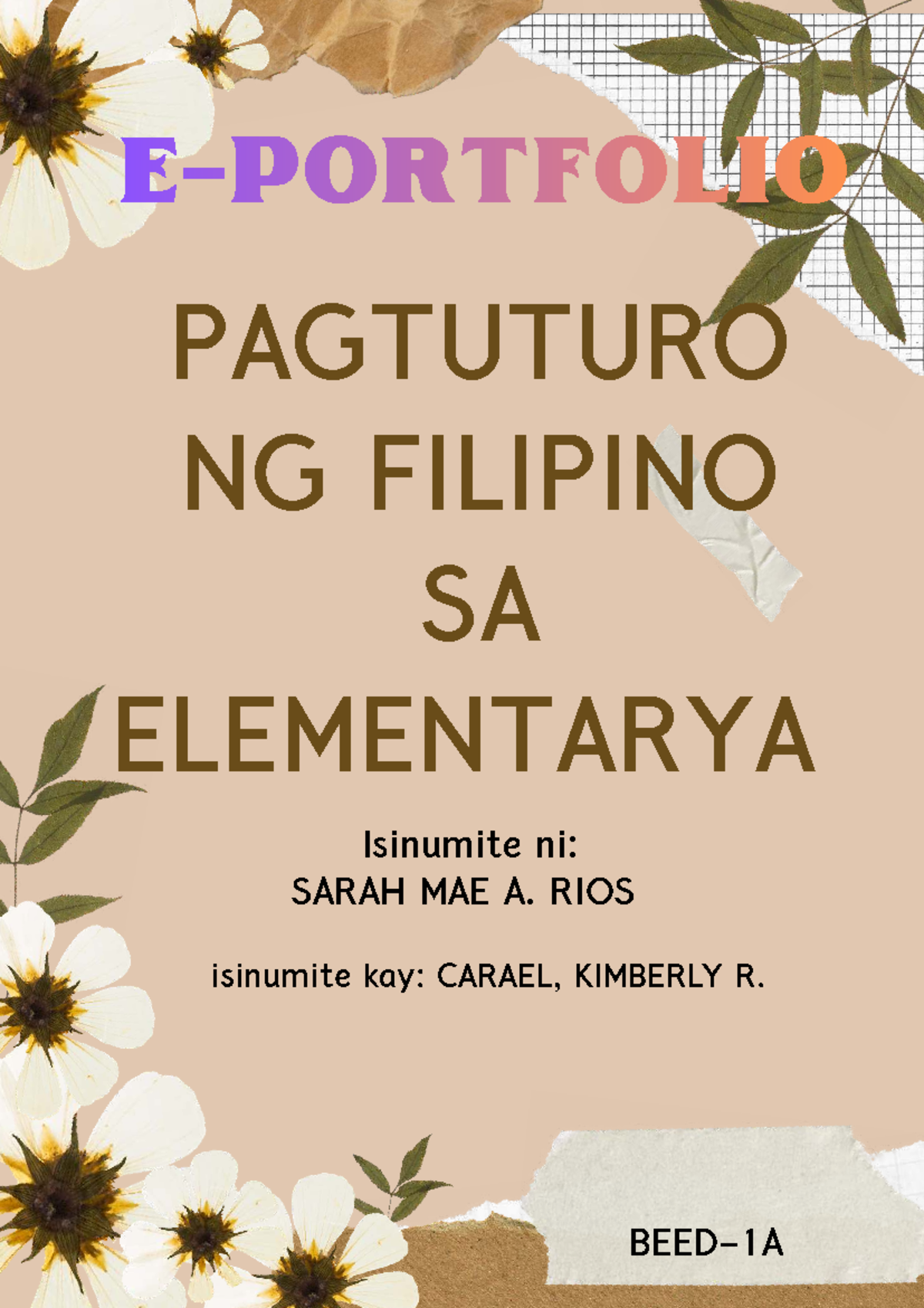 E-Portfolio ng Pagtuturo ng Filipino sa Elementarya - BEED-1A - Studocu